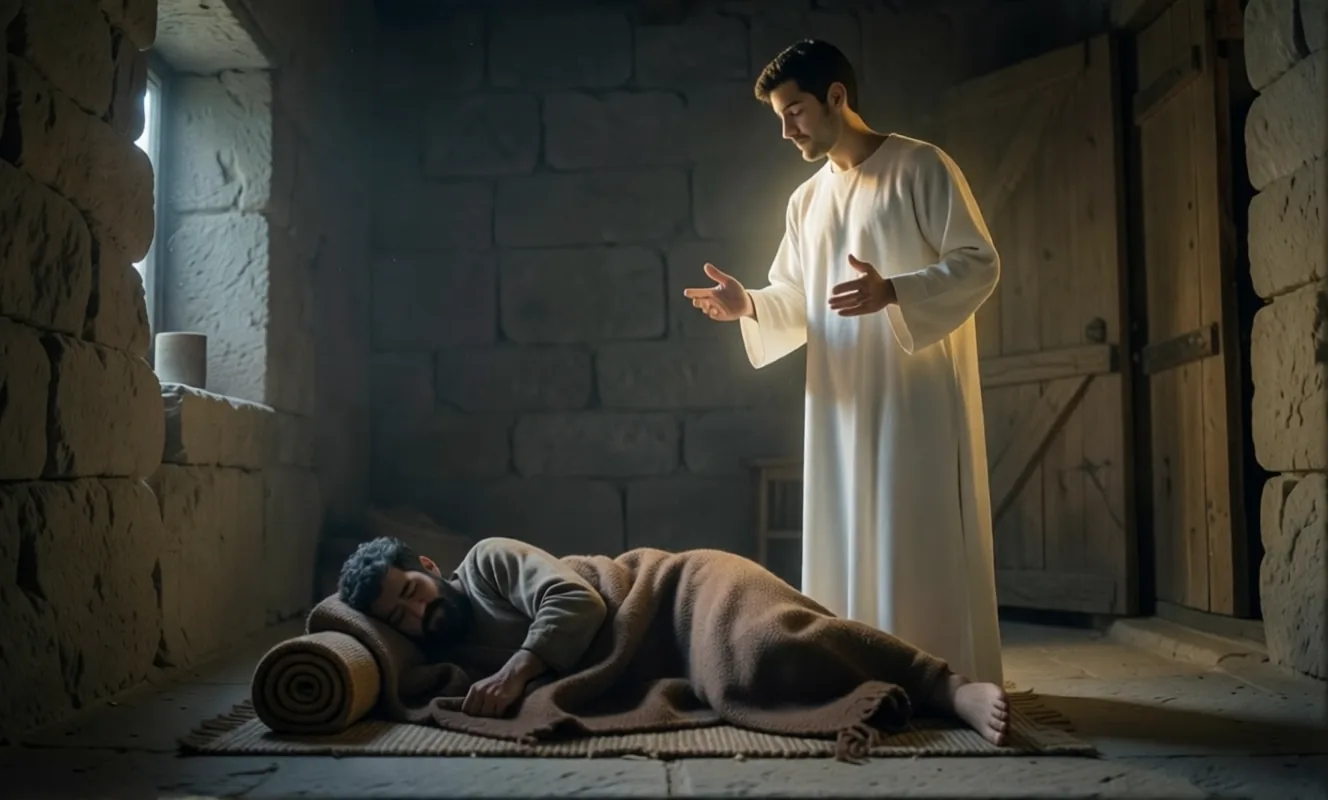 Joseph asleep as the angel of the Lord speaks to him in a dream