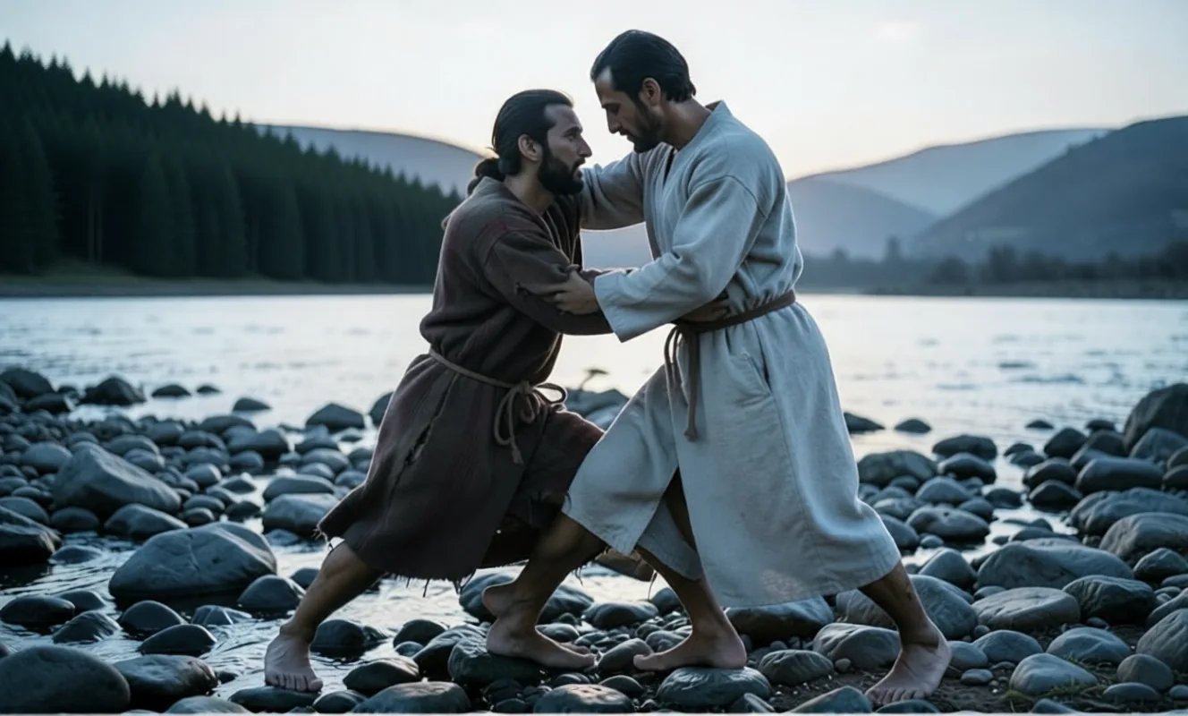 Jacob wrestling with a stranger on the river stones at dawn
