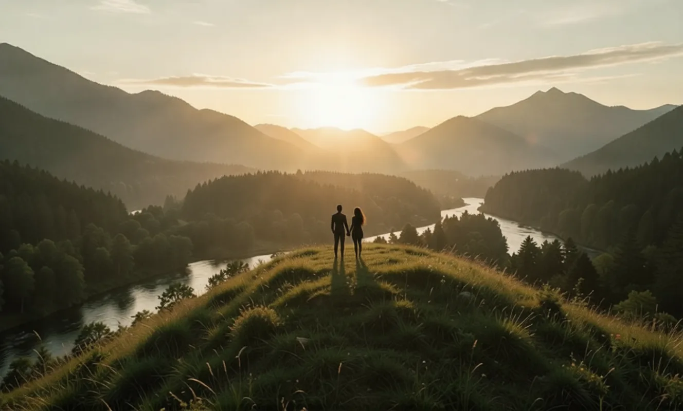 Two small unclothed silhouettes of a man and a woman on a hill against a vast sunrise over an untouched valley