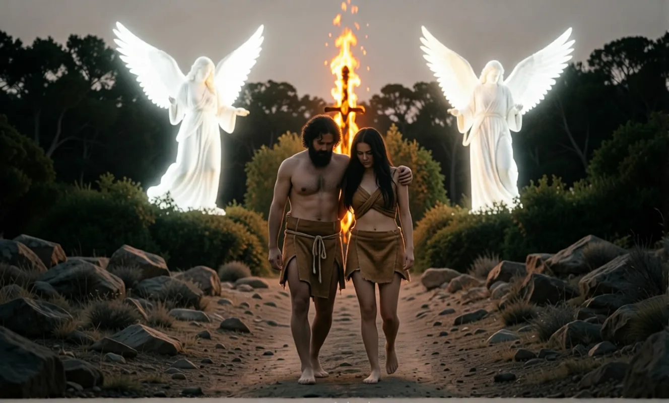 Adam and Eve in simple hide wraps walking out of Eden as two cherubim of light and a flaming sword guard the gate