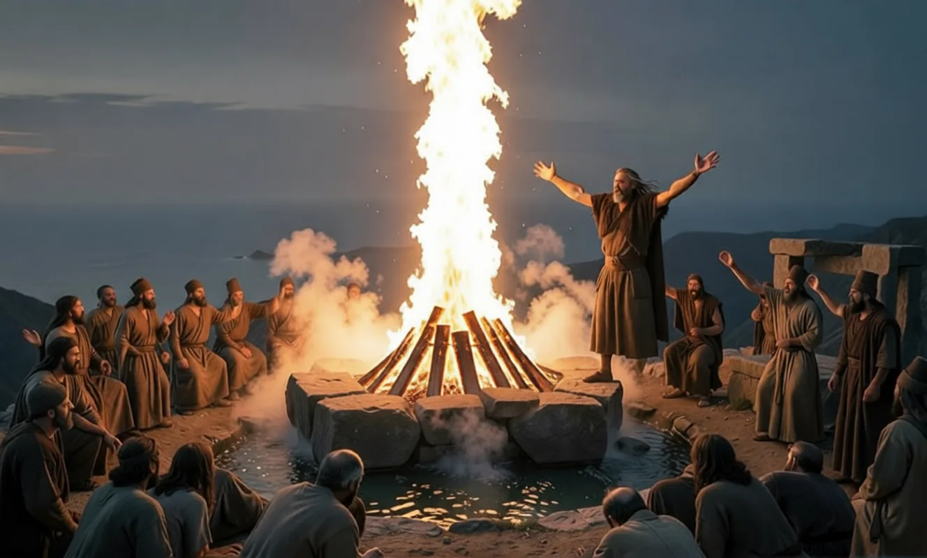Fire falling from heaven onto Elijah's altar on Mount Carmel as the people fall on their faces