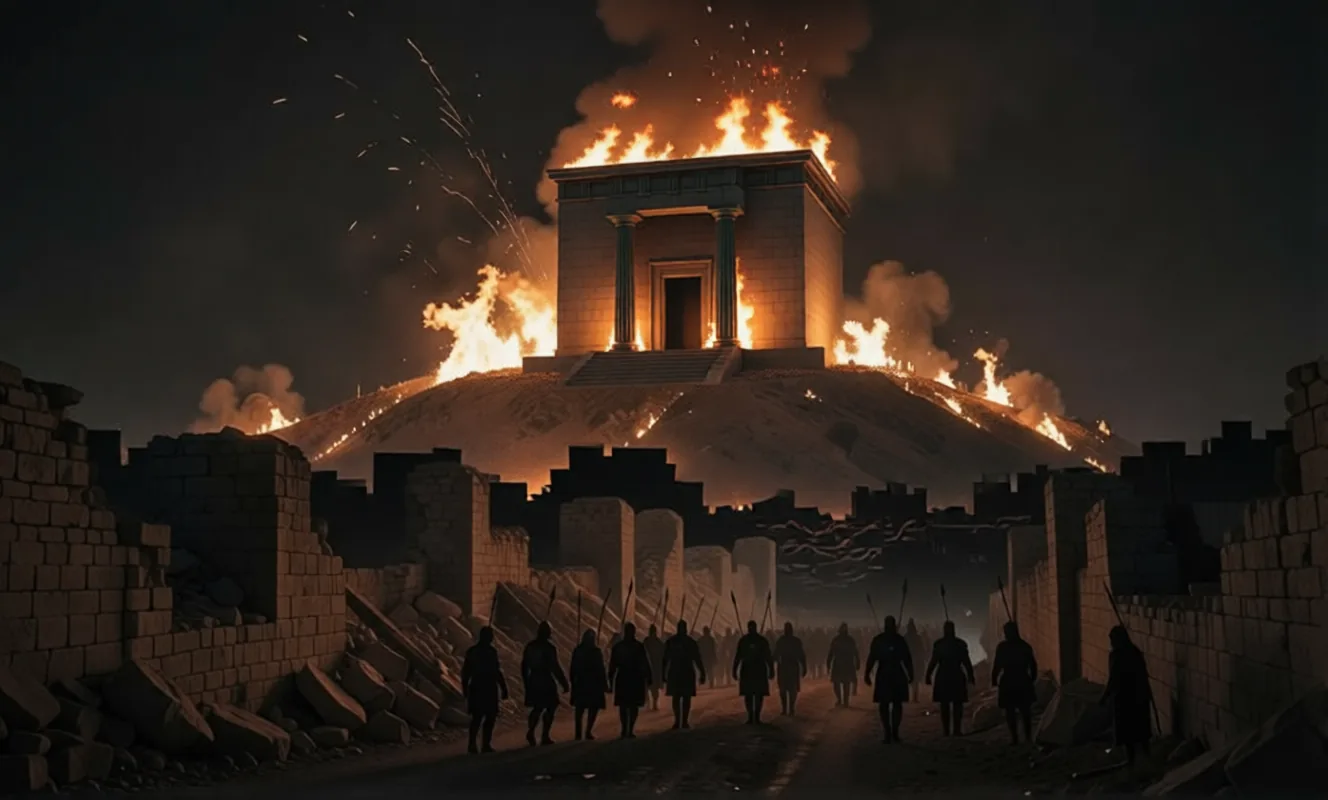 The temple in Jerusalem burning at night as captives are led away