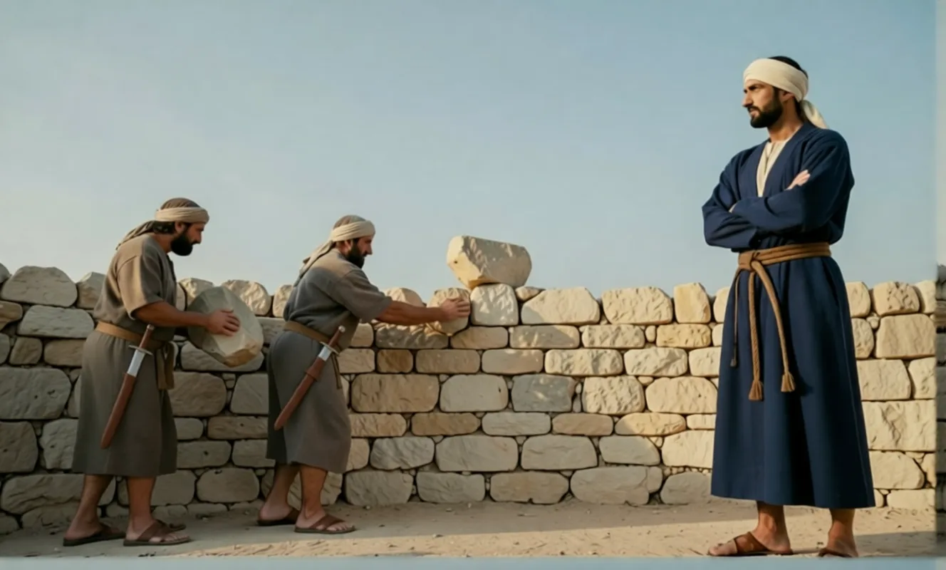 Builders laying stones on the wall with swords girded at their sides