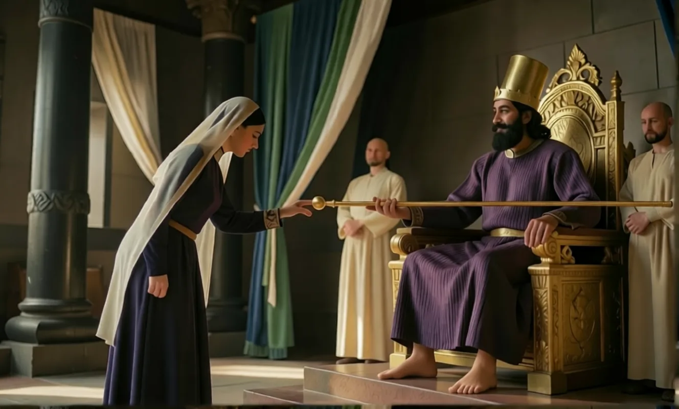 Esther in the inner court as king Ahasuerus holds out the golden sceptre