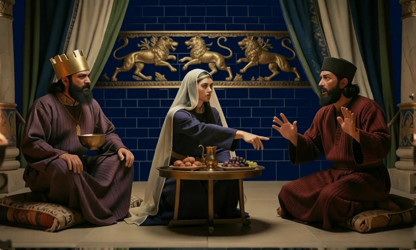 Esther pointing at Haman across the banquet table as the king looks on