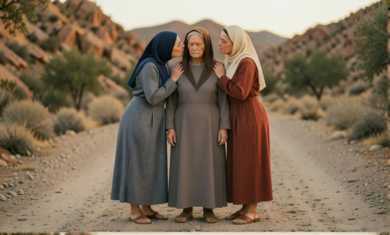 Naomi between her two daughters in law on the road from Moab