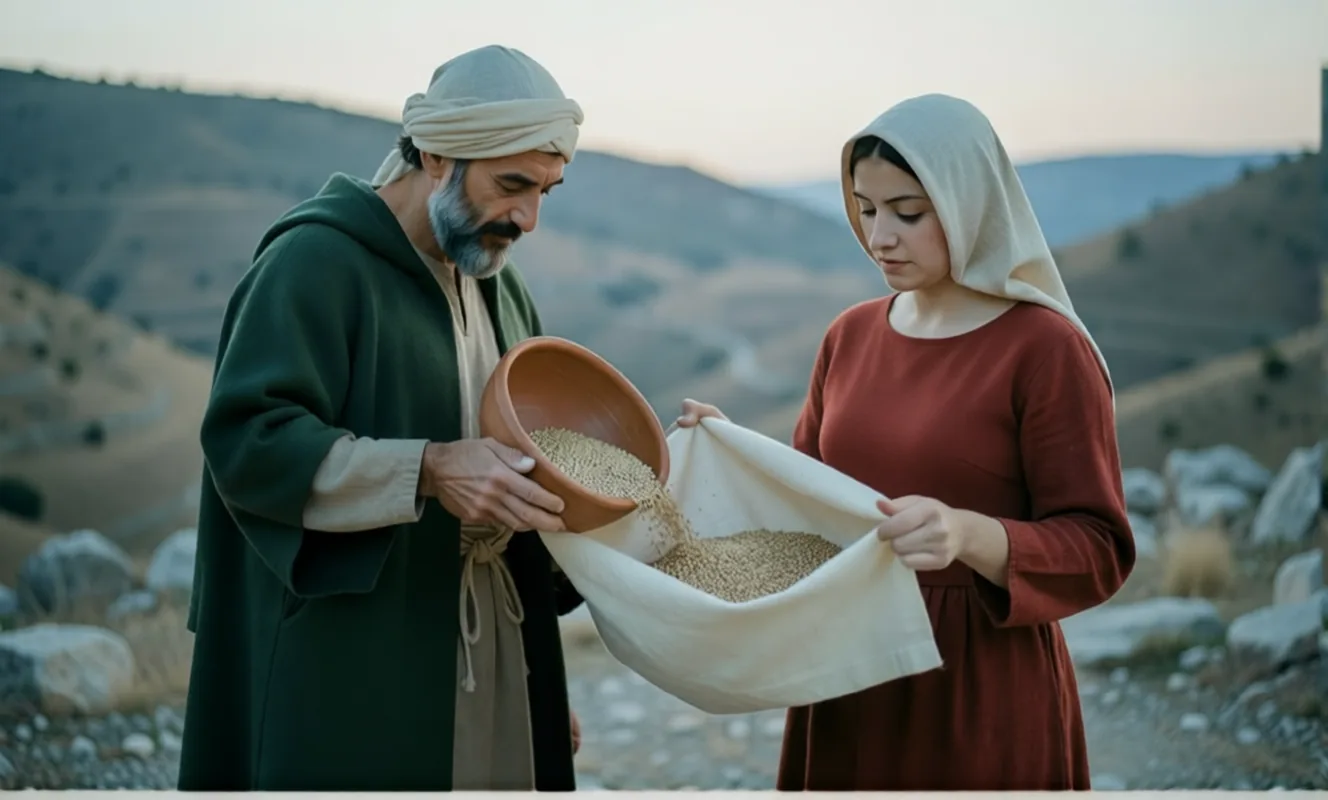 Boaz pouring barley into the veil Ruth holds out