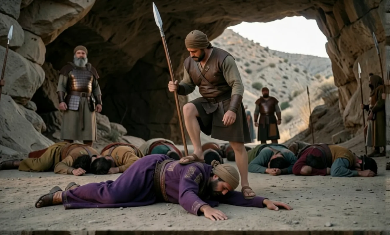 An Israelite captain with his foot on the neck of a king lying face down outside the cave at Makkedah