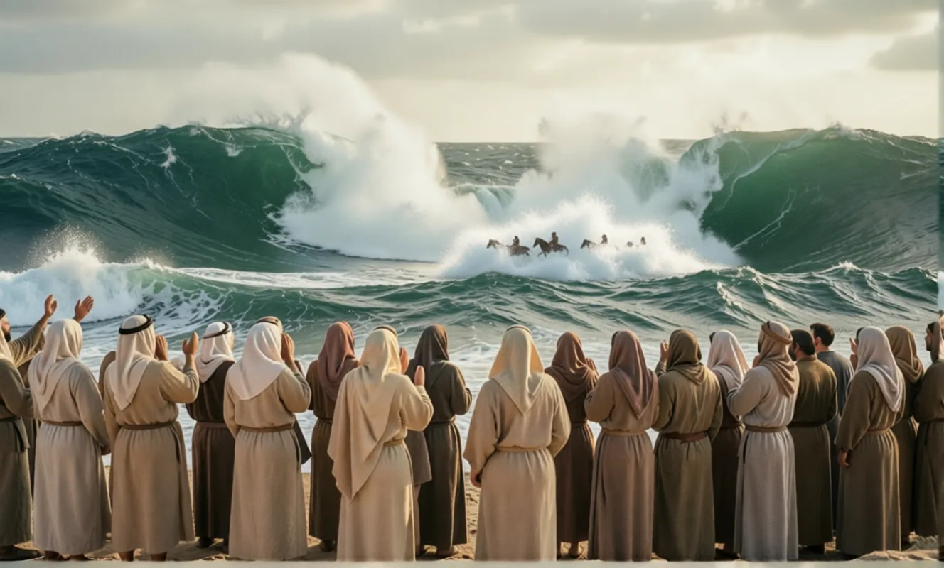 The walls of the sea collapse on the horsemen of Egypt, seen from the far shore