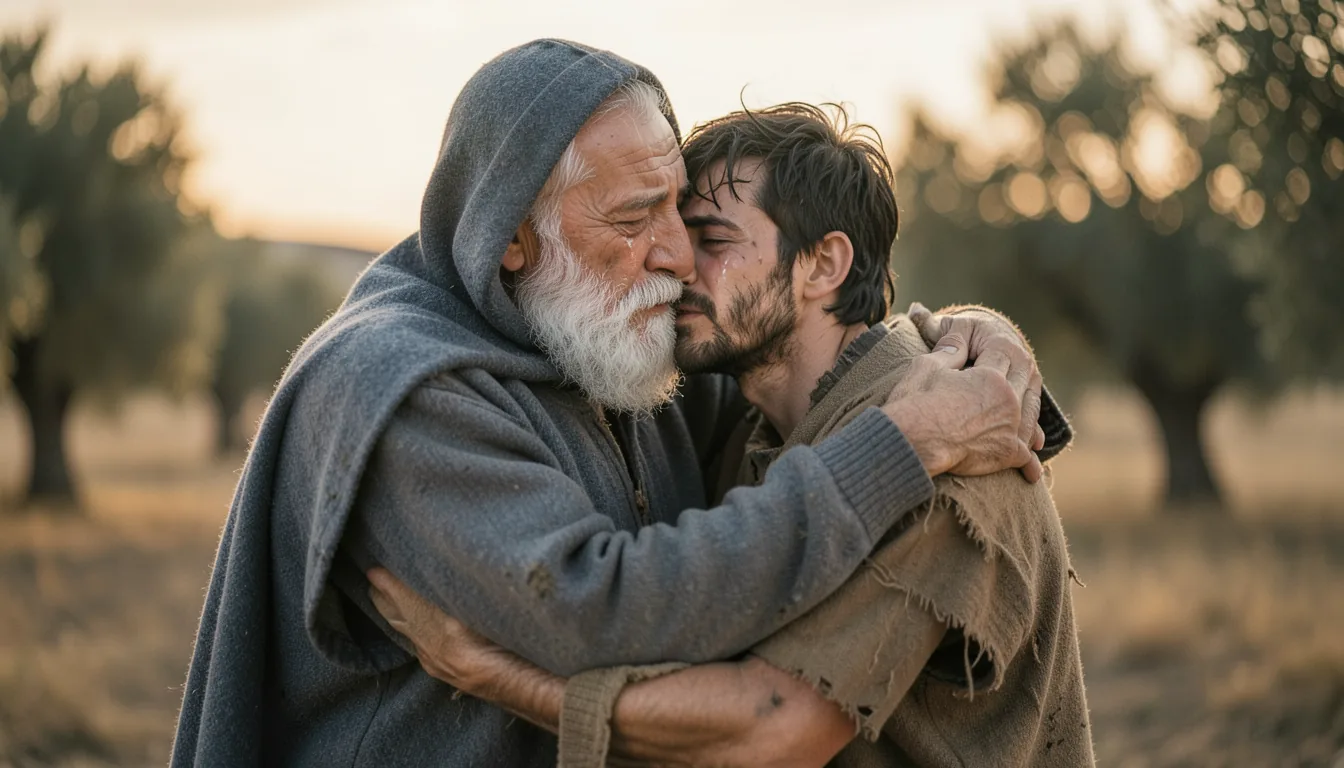 The prodigal son's father embracing his returning son