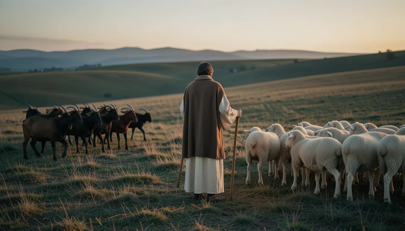A shepherd standing between a flock of sheep and a herd of goats