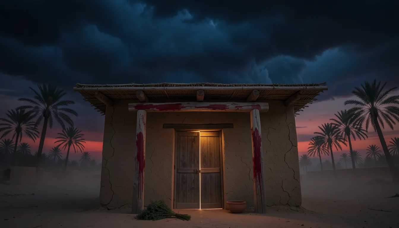 A mud-brick house at nightfall with blood on the lintel and the two side posts under a storm