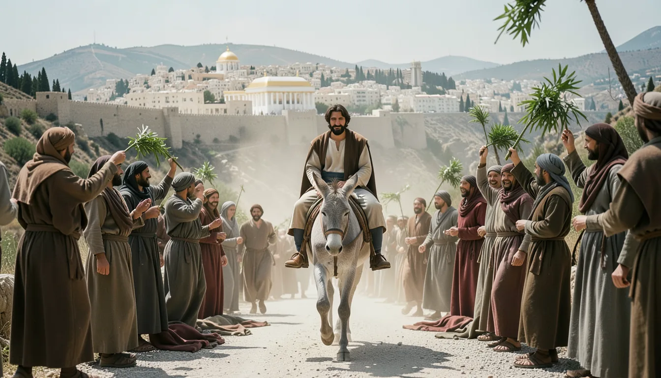 Before: the triumphal entry with the modern Jerusalem skyline behind