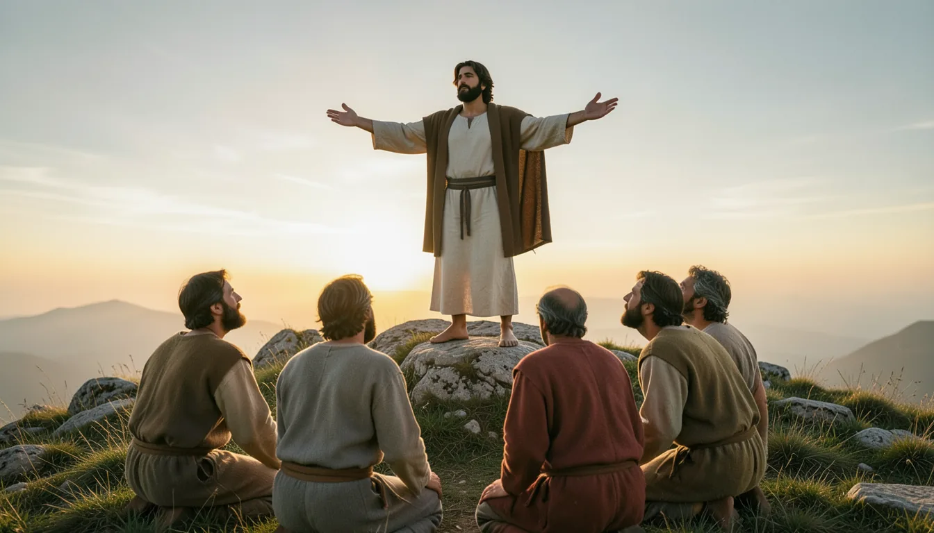 The risen Jesus on a mountaintop at sunrise with his arms outstretched over his kneeling disciples