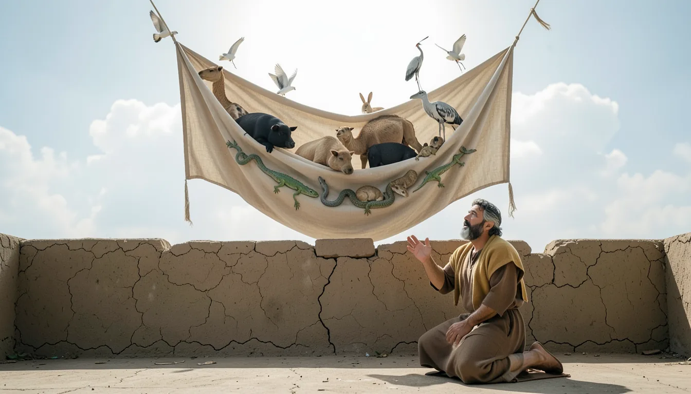 Peter kneeling on a rooftop as a great sheet full of animals comes down from the sky