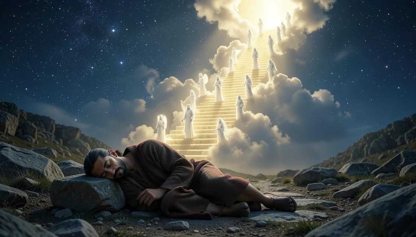 Jacob asleep on a stone as a stairway of light rises into the sky with figures ascending and descending