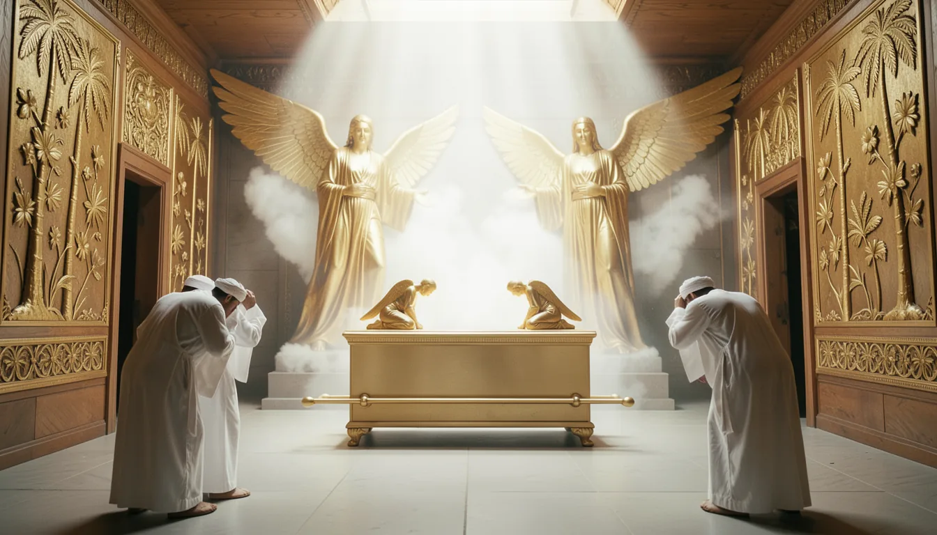 The ark of the covenant at rest beneath two great golden cherubim as the cloud fills the room and priests back away bowing