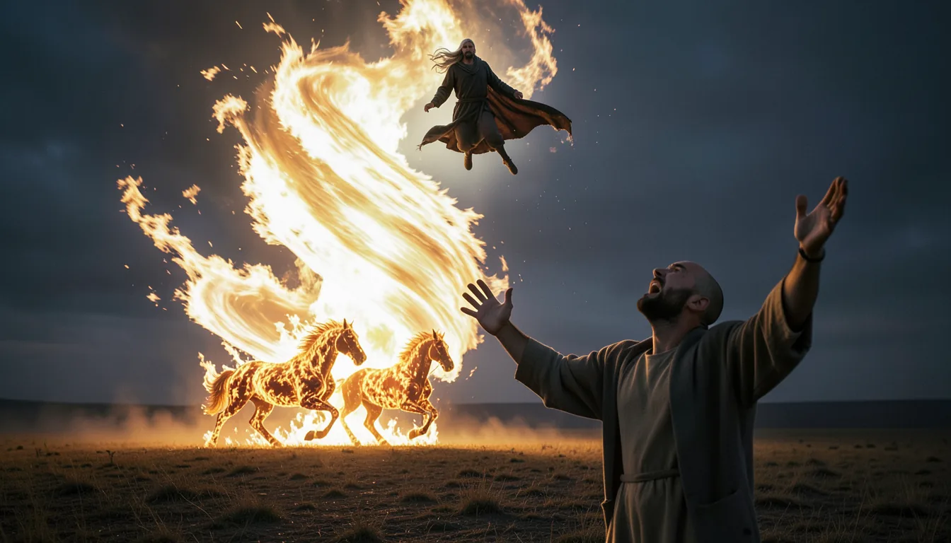 Elijah taken up in a whirlwind of fire with horses of fire as Elisha cries out below