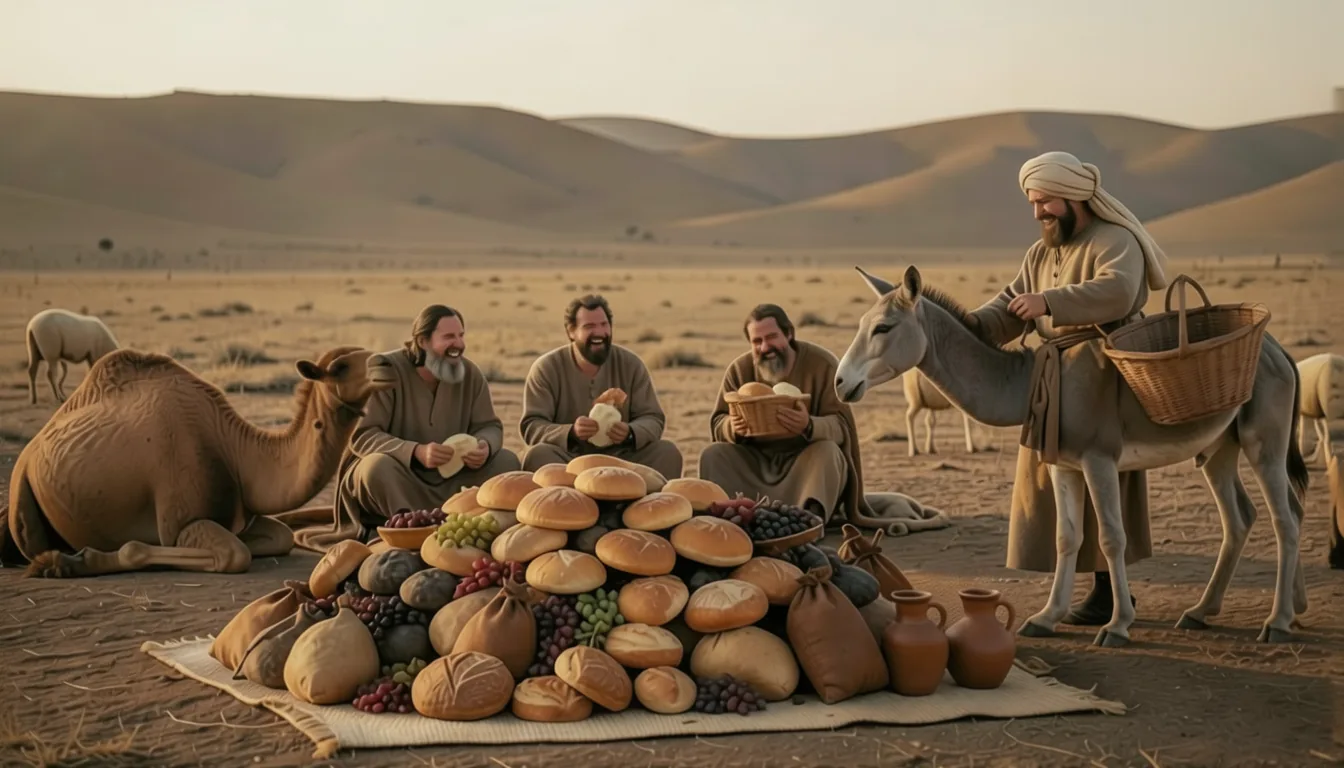 Bread, fig cakes and wine laid out on a mat as men rest by their donkeys and a camel