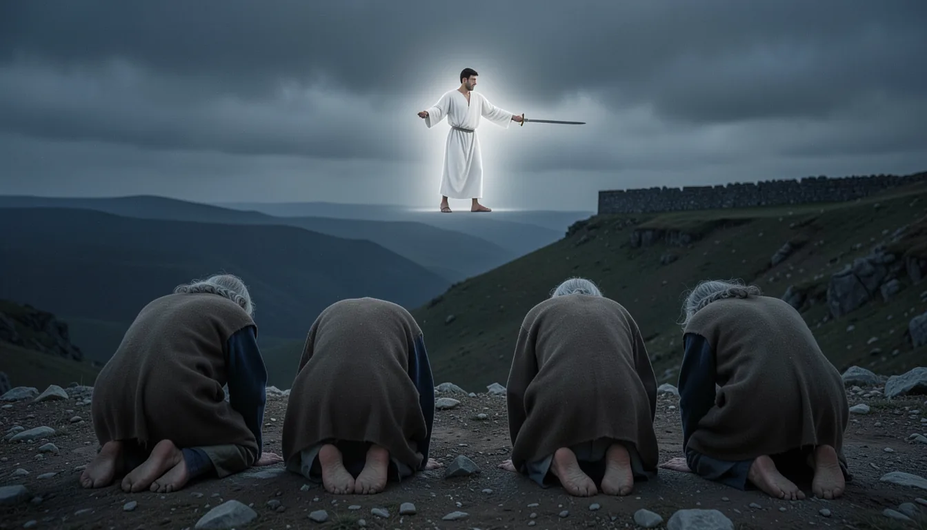 The angel with a drawn sword over Jerusalem as David and the elders in sackcloth fall on their faces