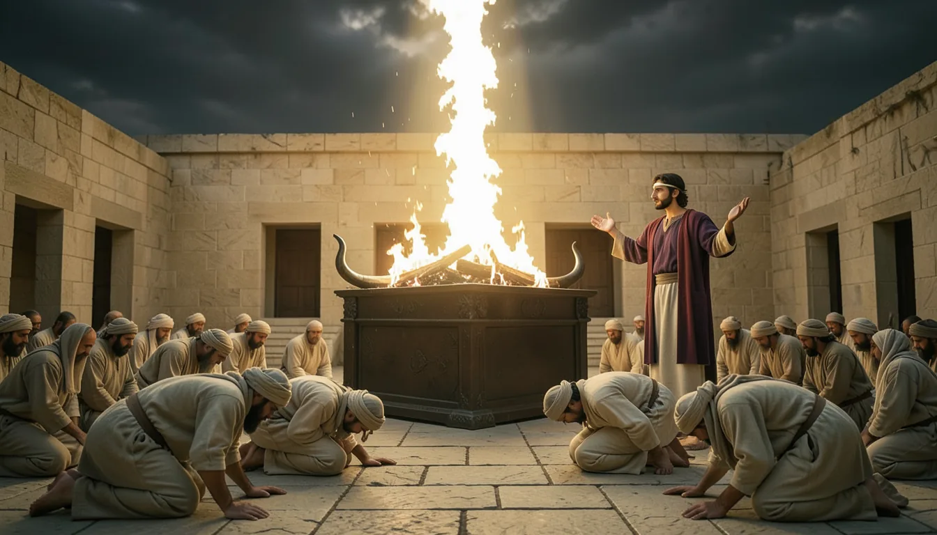 Fire coming down from heaven onto the altar in Solomon's temple as all Israel bows to the ground