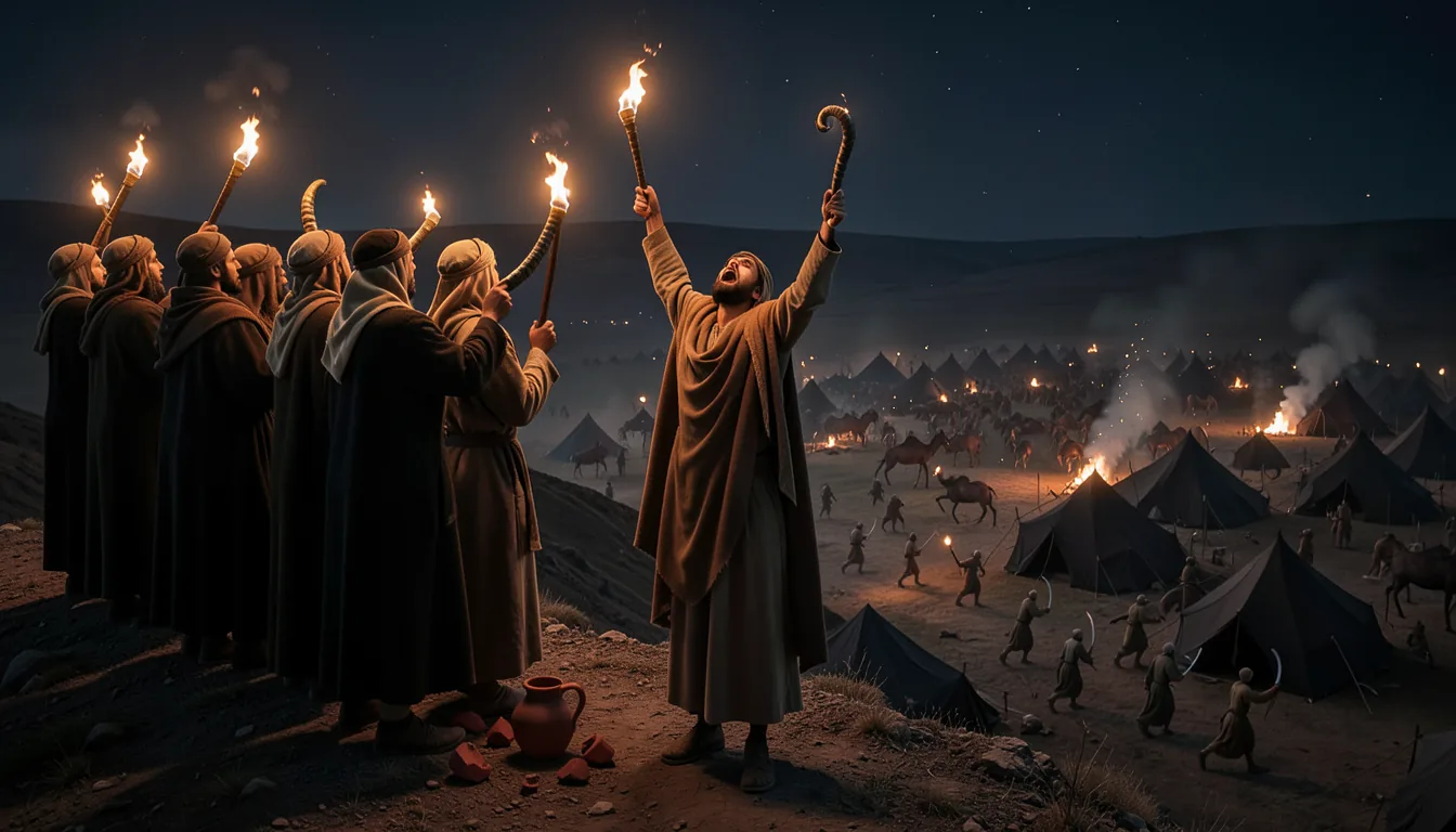Gideon's men raise torches and rams' horns above the camp of Midian at night