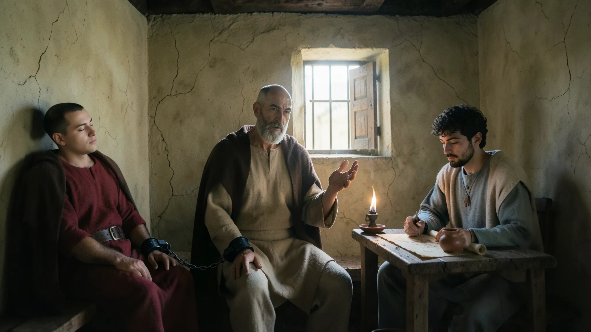 Paul in a rented room in Rome, his right wrist chained to a Roman guard, Timothy writing at a table