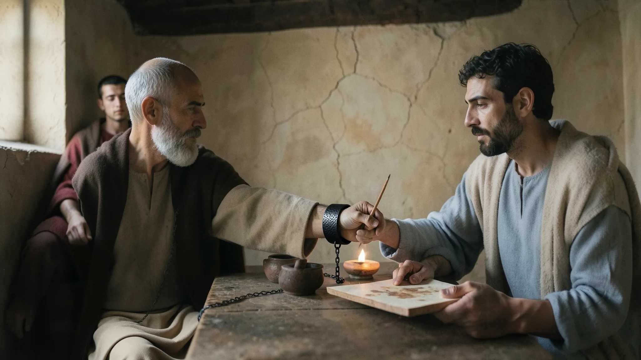 Paul, his wrist in an iron cuff, takes the reed pen from Timothy